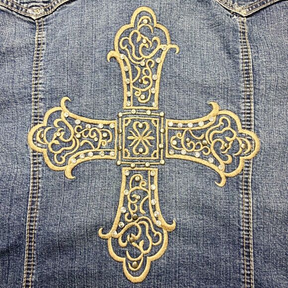 Ethyl Vintage Denim XL Embroidered Rhinestone Cross Jean Jacket - Picture 6 of 8